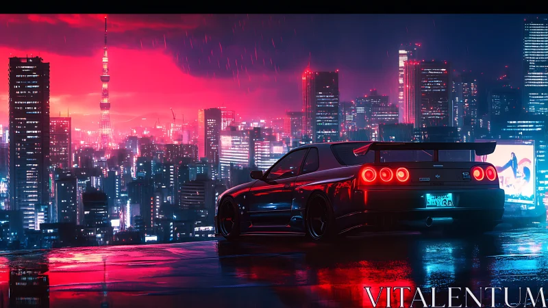 Modified sports car overlooks neon-lit skyline in rainfall