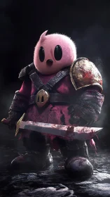 Pink armored creature stands with bloodstained sword ready