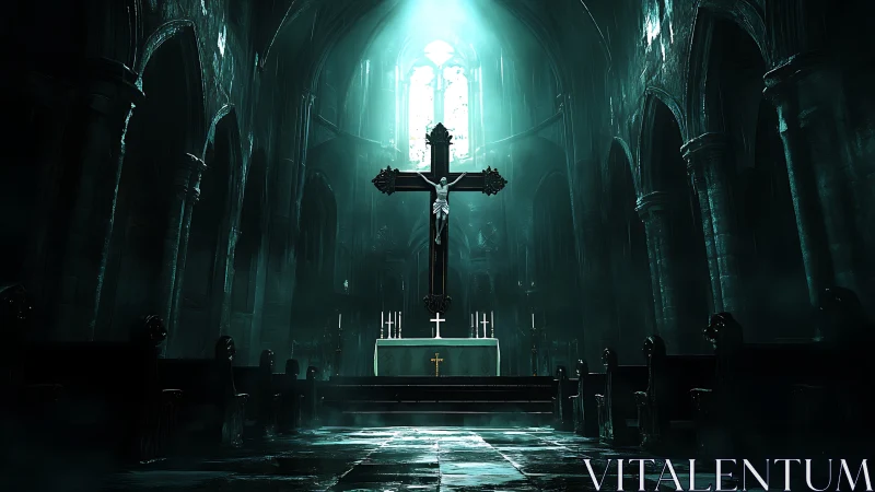 Gothic crucifix altar under dramatic cathedral backlighting.