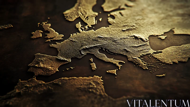 Textured golden relief map of Europe under dramatic light