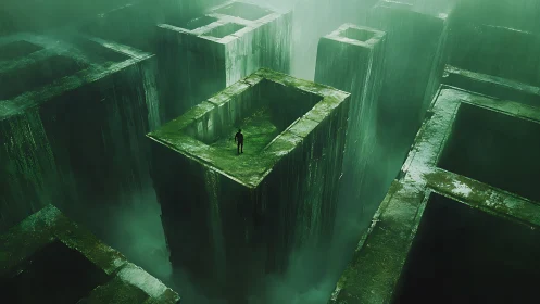 Solitary wanderer studies a towering emerald maze of voids