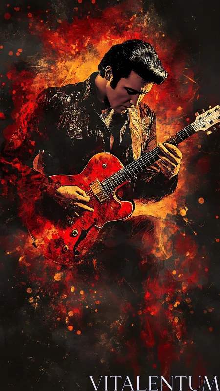 Digital painting portrait of guitarist in fiery abstract field.