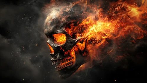 Burning skull rendered with dynamic flames in dark space