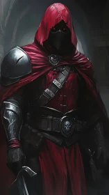 Red hooded assassin in dark medieval armor corridor.
