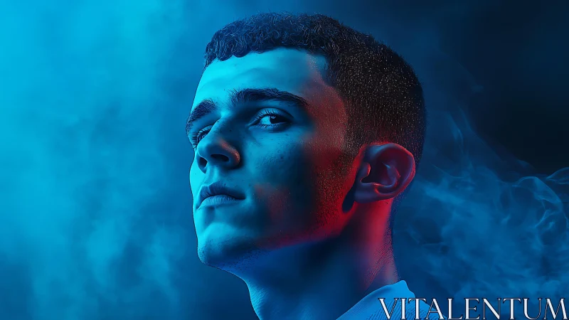 Neon mist crowns a young face carved from cold starlight