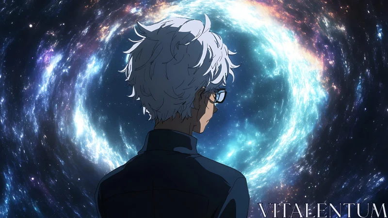 White haired boy studies glowing galactic portal alone.