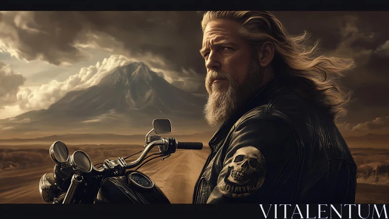 Bearded biker gazes toward distant mountain under storm clouds