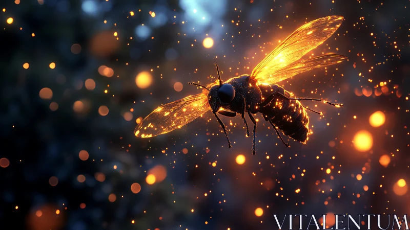 Luminous firefly hovers through glowing twilight embers.
