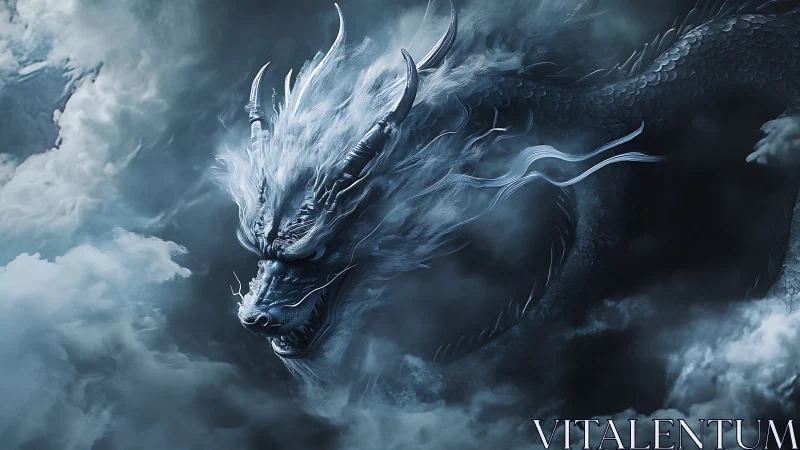 Stormlit ice dragon coils through thunderous midnight clouds