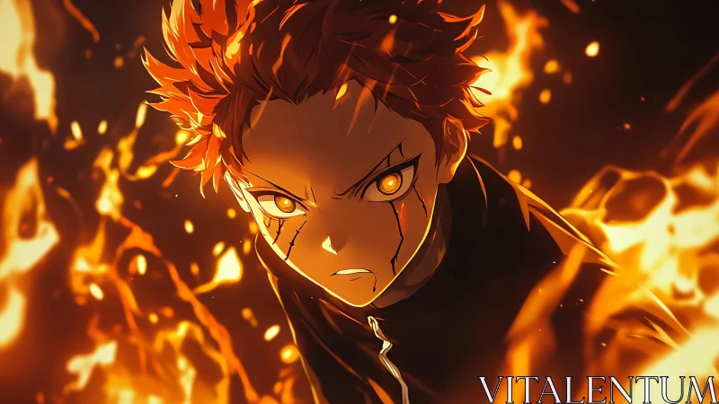 Fire-wreathed anime warrior unleashes blazing gaze power.