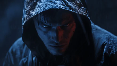 Hooded man in rain with intense stare and cold blue light.