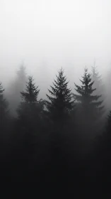 Dense coniferous treetops receding into uniform white fog.
