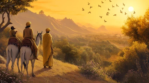 Sunlit desert riders watching distant hilltop temple.