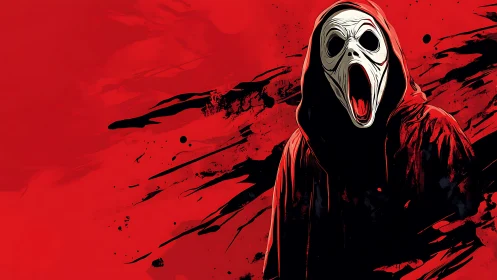 Red spectral figure with contorted mask and kinetic splatter field.