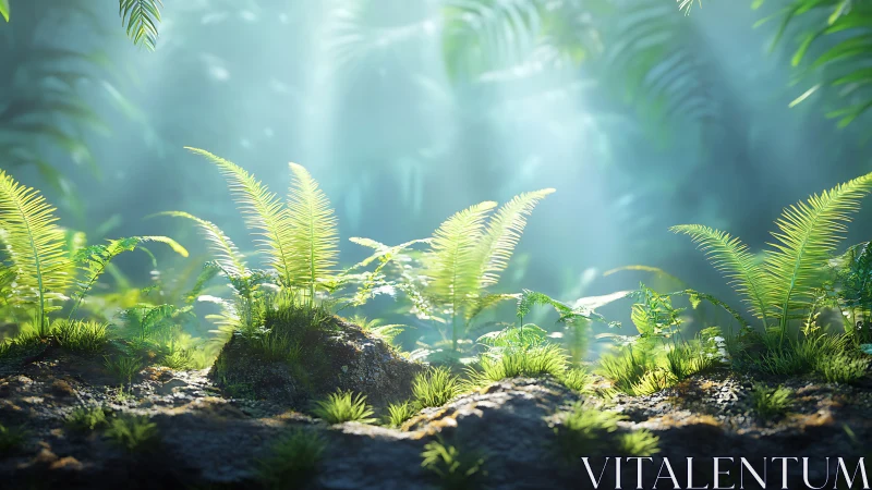 Sunlit fern undergrowth on mossy forest floor scene.