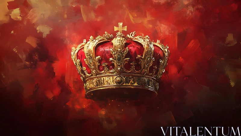 Regal gold crown on red abstract painted background.