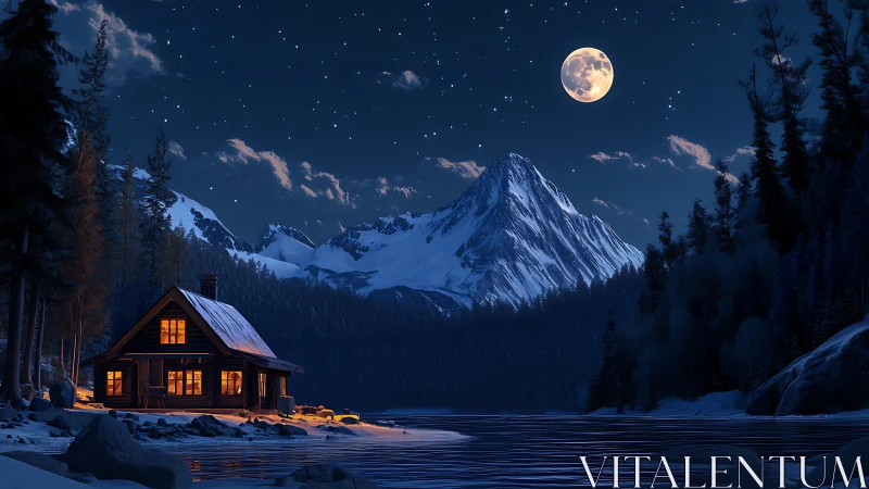 Cozy lakeside cabin glowing beneath a peaceful winter moon.