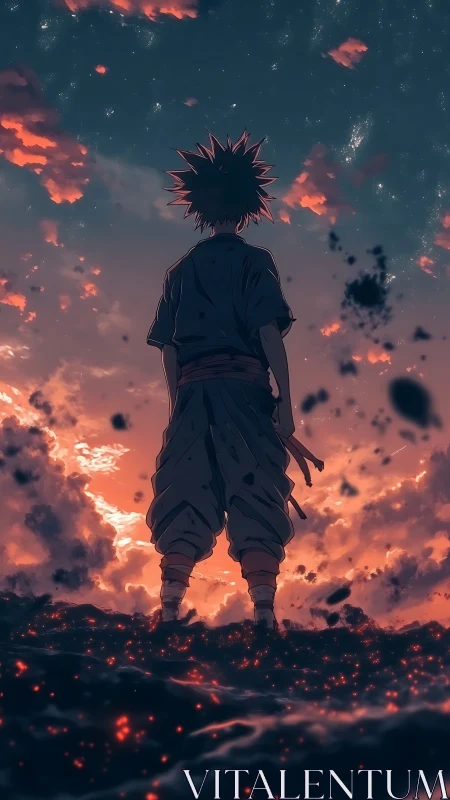 Lone anime warrior stands over burning ground at dusk.