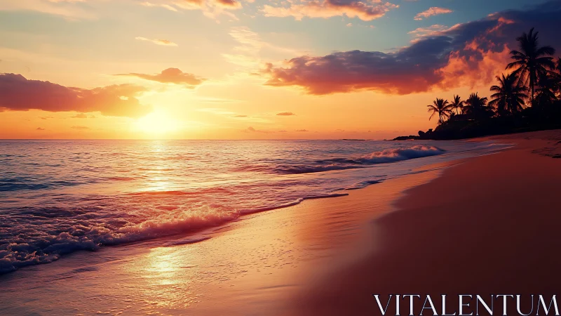 Sunlit tropical shoreline under vivid sunset gradients.