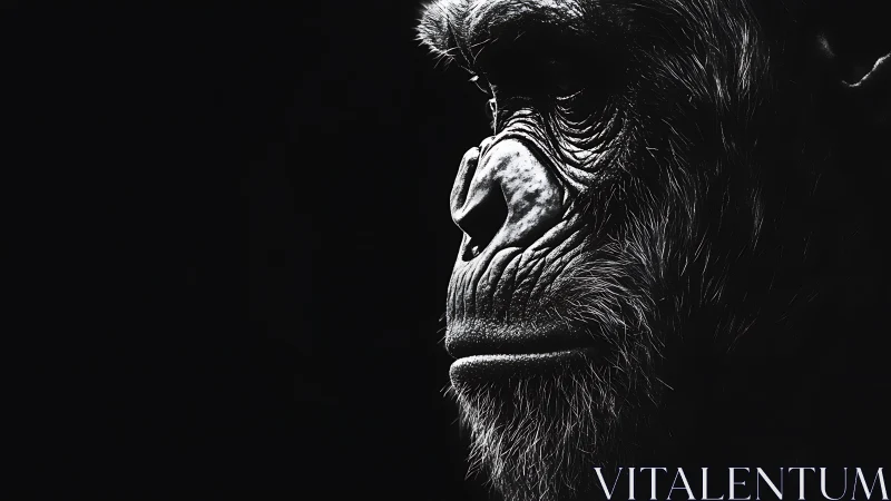 Solemn chimpanzee profile emerges from deep black shadows.