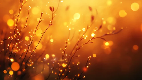 Backlit plant stems with warm golden bokeh field background.