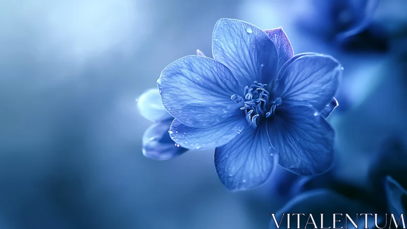 Blue Flower with Water Droplets in Soft Focus