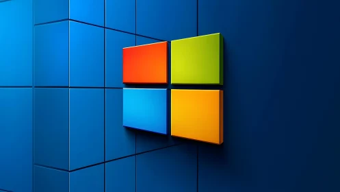 Colorful 3D Windows Logo on Blue Geometric Wall Background.