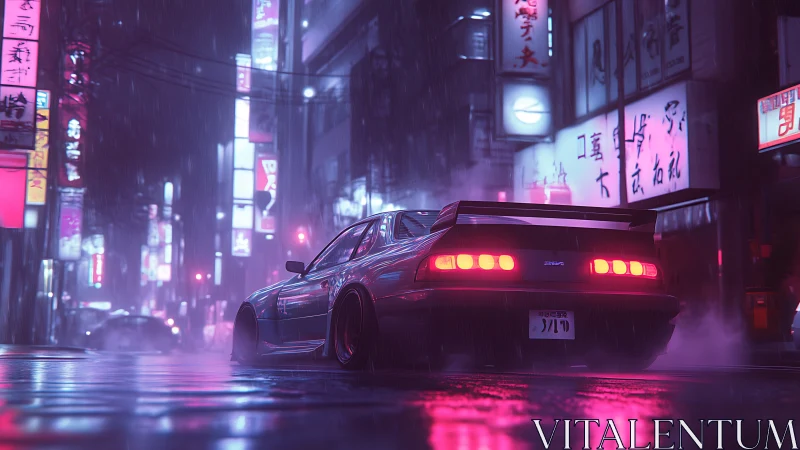 Neon night drive through a rain-soaked city street.