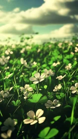 White clover blossoms rise through lush sunlit meadow.