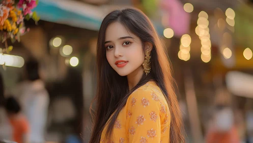 Soft evening glow with a smiling girl in golden yellow dress.