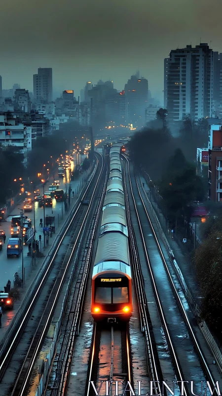 Urban commuter train on wet tracks at dusk in cityscape.