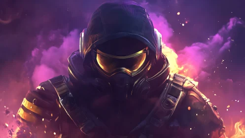 Hooded tactical figure with gas mask amid colored smoke.