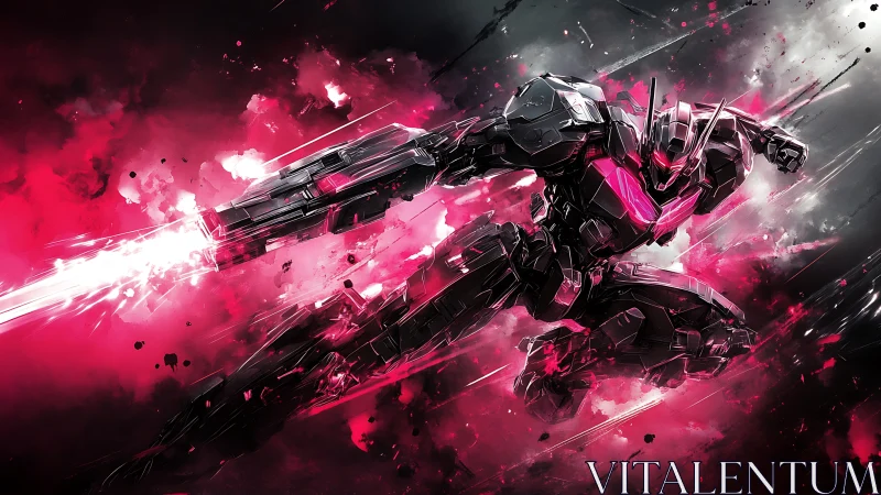 Blazing pink mech warrior charging through cosmic sparks.