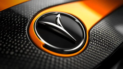 Automotive emblem rendered on glossy carbon fiber panel surface