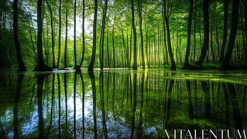 Sunlit forest with tranquil water reflections in vibrant green tones.