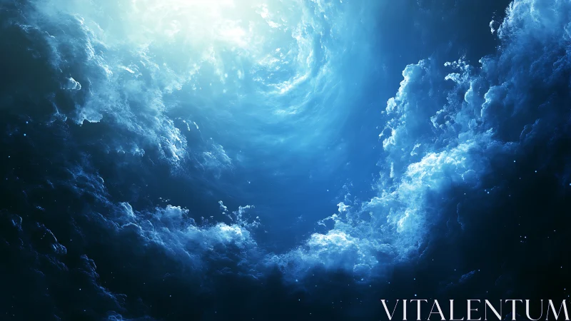 Swirling celestial clouds open a glowing blue cosmic gateway