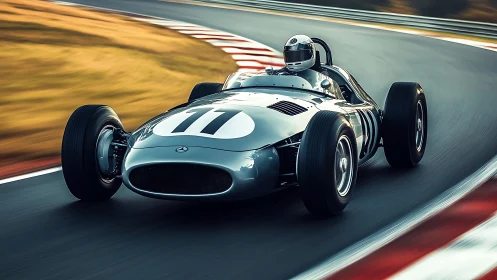 Vintage silver race car powers through sweeping circuit curve.
