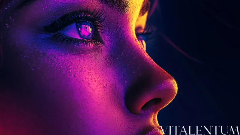 Neon-lit close-up portrait captures reflective, futuristic gaze