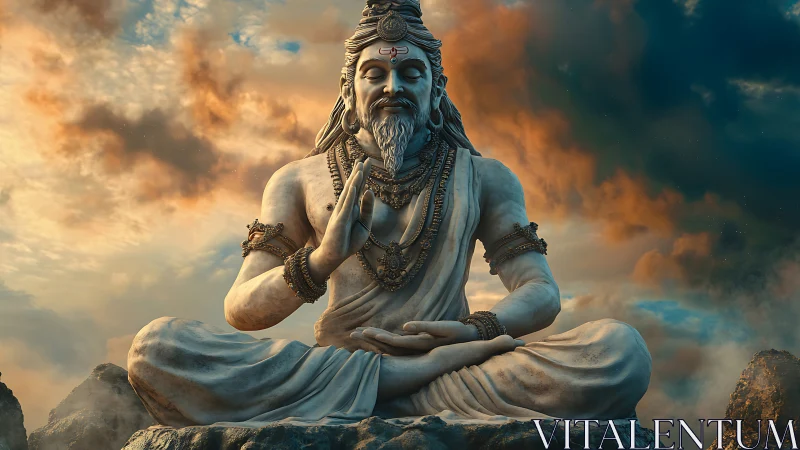 Stone yogic deity statue seated before dramatic clouds.