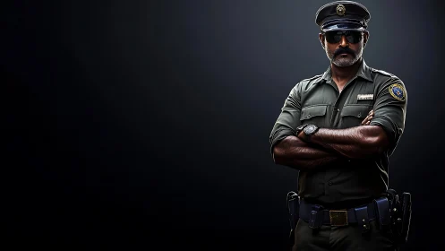 Stern uniformed officer stands against a dark dramatic backdrop