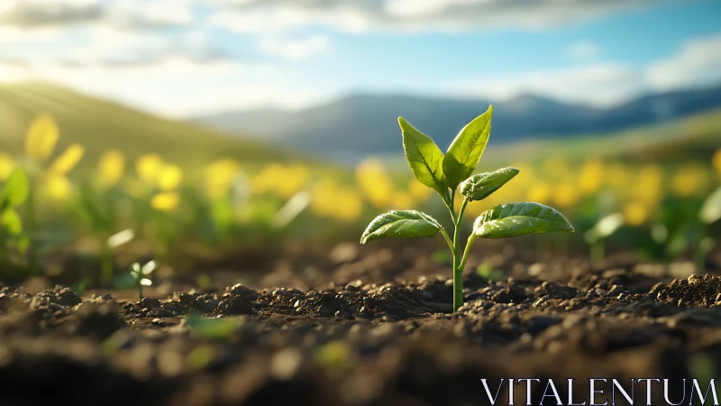 Young green plant sprout in soil under warm sunrise light.