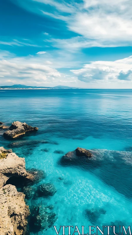 Turquoise coastal waters meet rocky shoreline under clouds