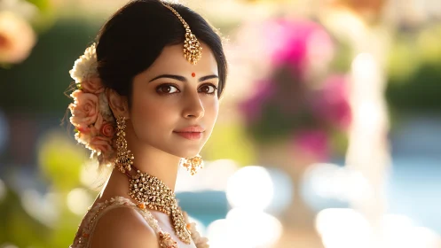 Soft backlit portrait captures ornate bridal jewelry and floral gajra