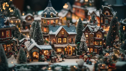 Illuminated miniature winter village under shallow depth-of-field.