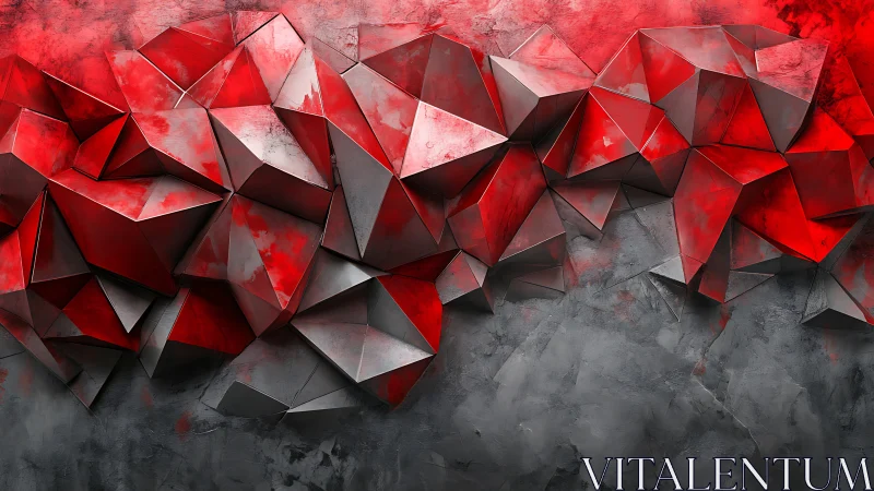 Bold red geometric shards rise from a smoky gray wall