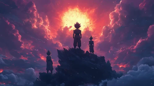 Silhouetted figures on rocky peak beneath luminous sky.