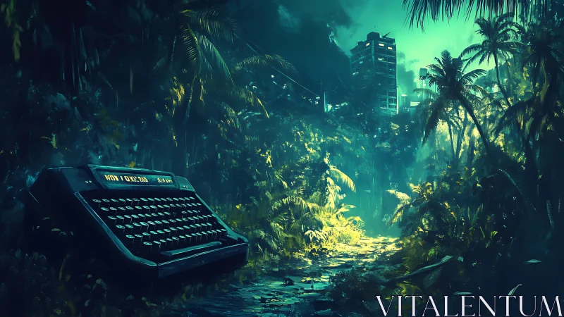 Forgotten typewriter in neon jungle before ruined towers.