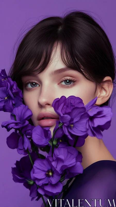 Portrait of young woman with vivid purple flowers.