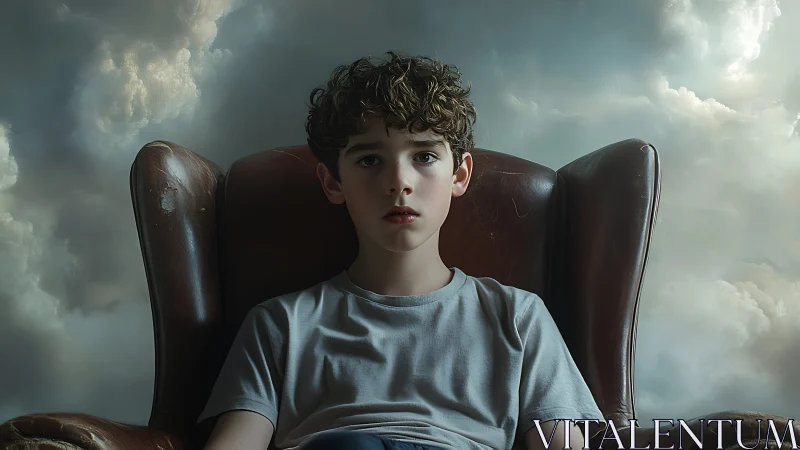 Photorealistic portrait of boy in armchair, cloud backdrop.