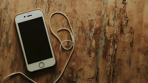 Smartphone with wired earphones on distressed wooden tabletop